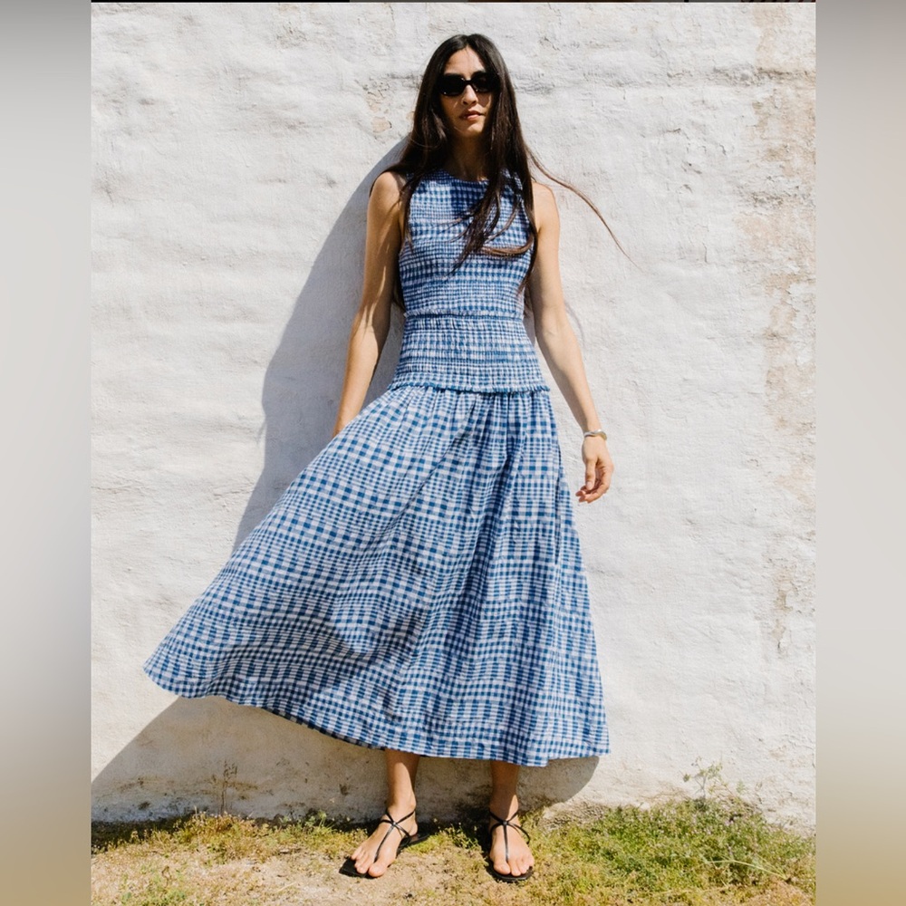 Apiece Apart Siempre Blue Ikat gingham maxi tank dress XS